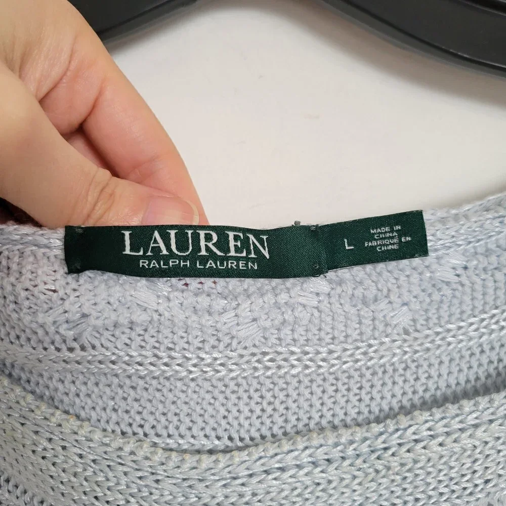 Lauren Ralph Lauren Cable Knit Light Baby Blue 3/4 Sleeve Cotton Sweater Large